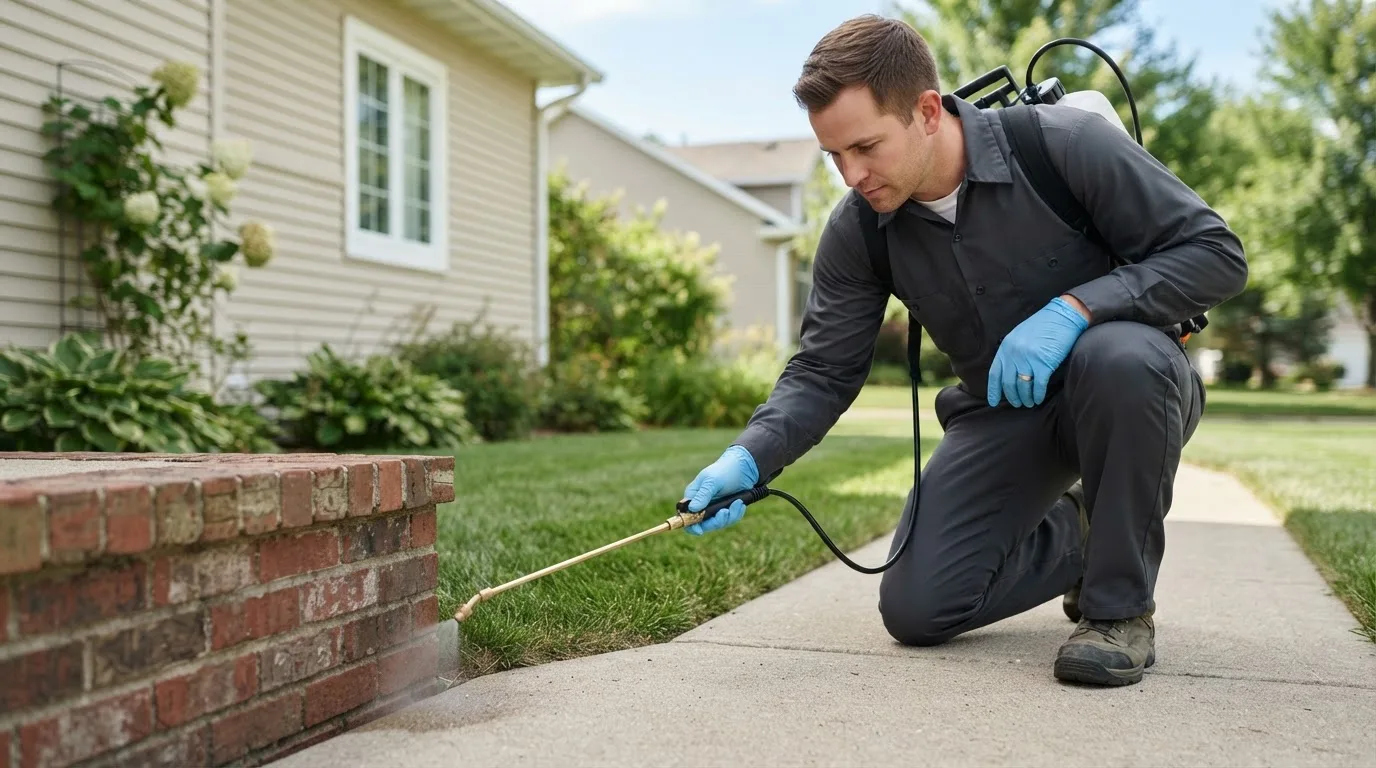 Pest control technician treating a home near Fiskeville, RI