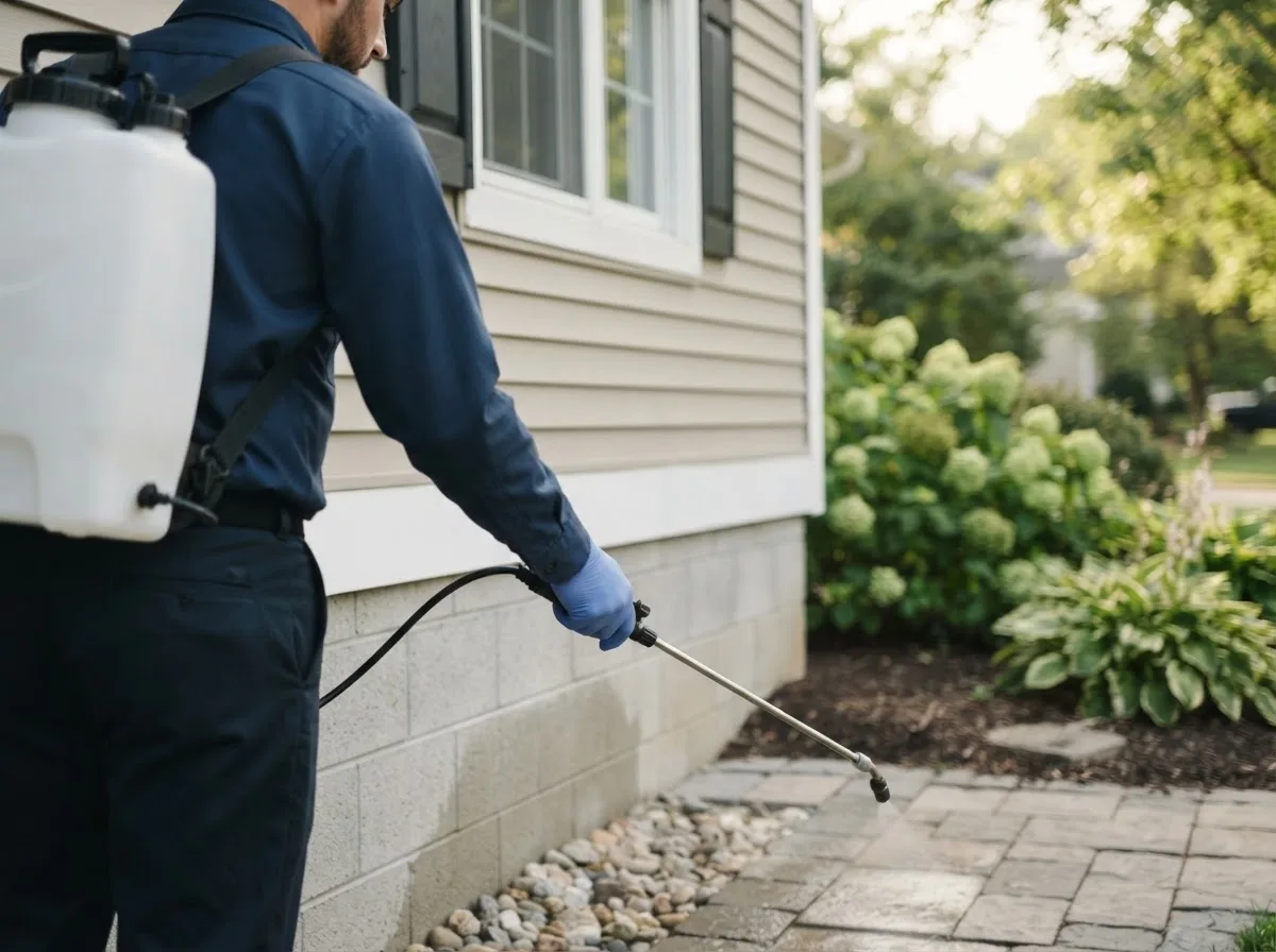 Pest control technician inspecting a home in Fiskeville, RI